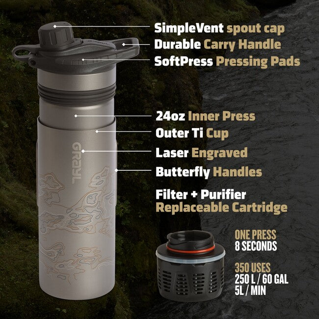 GRAYL GeoPress™ Titanium Purifier φιλτραρισμένο μπουκάλι + Cook Lid, Covert Black
