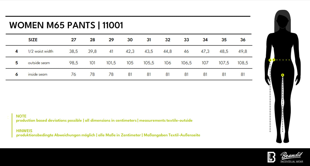 Veľkostná tabuľka Women M65 Pants
