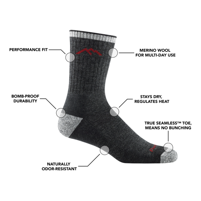 Darn Tough Hiker Micro Crew Κάλτσες Μεσαίας Βαρύτητας με Μαξιλάρι, Charcoal