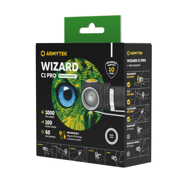 ArmyTek Wizard C1 Pro LED Φακός Κεφαλής με Μαγνητική Βάση και Τροφοδοσία από Μπαταρία Magnet White, 1000 lm, 1440 h, 55 g