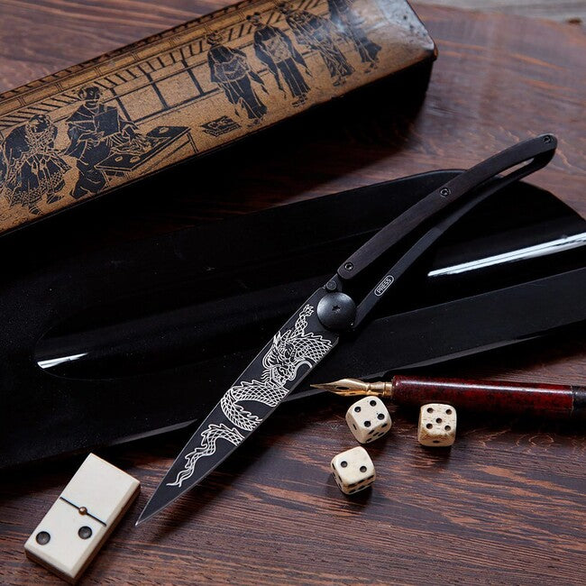 Deejo Μαύρο Tattoo Αναδιπλούμενο Μαχαίρι Ebony Wood Japanese Dragon
