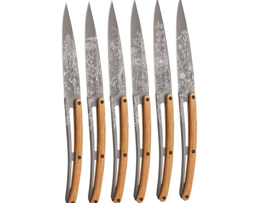 Deejo Tattoo Blossom σετ 6 μαχαιριών steak, γκρι τιτάνιο, ξύλο ελιάς