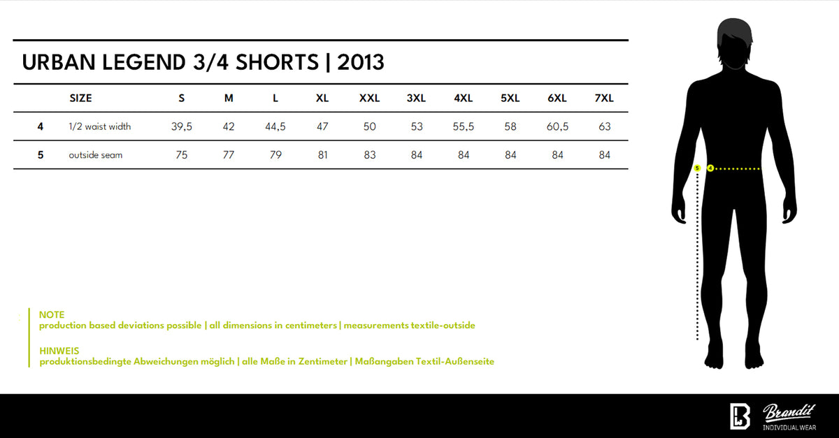 Veľkostná tabuľka Urban Legend 3/4 Shorts