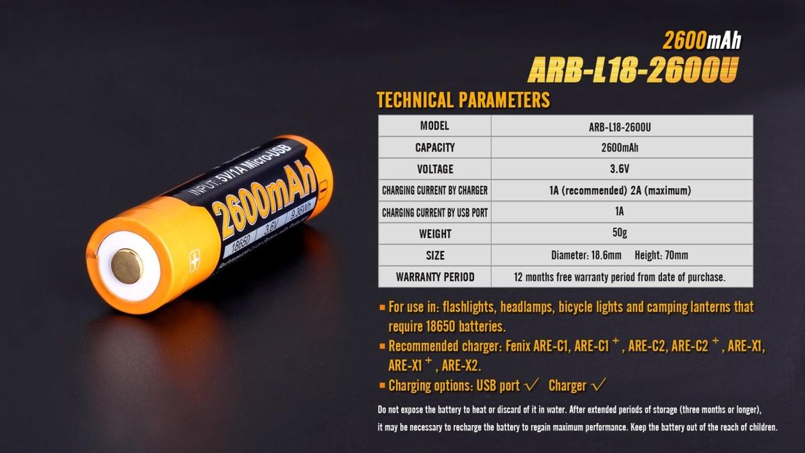 Fenix 18650 μπαταρία USB Li-Ion 2600 mAh