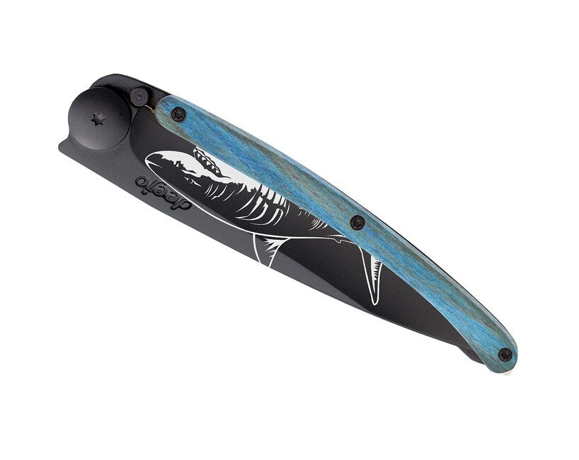 Deejo Tattoo Μαχαίρι Πτυσσόμενο Μαύρο Μπλε Οξιά Shark