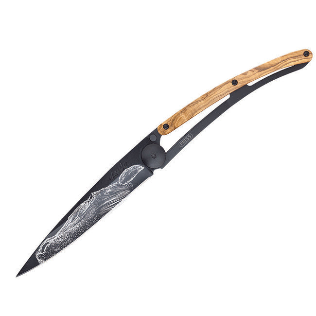 Deejo Black tattoo Μαχαίρι Αναδιπλούμενο, Ξύλο Ελιάς, Warmblood