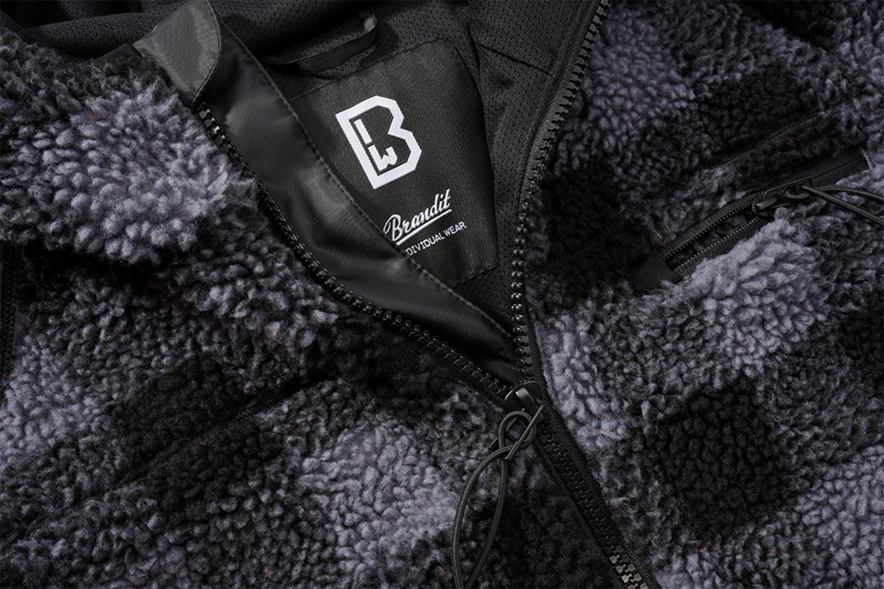 Brandit Worker Μπουφάν Fleece με Κουκούλα Teddyfleece, Μαύρο/Γκρι