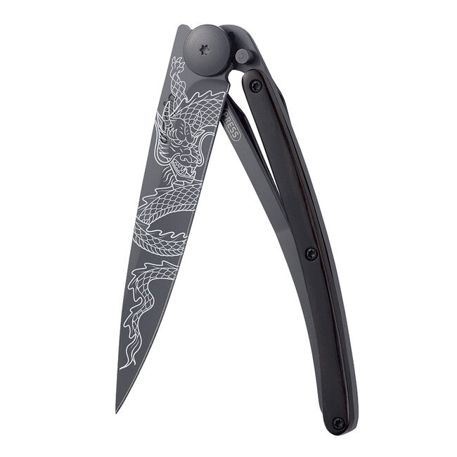 Deejo Μαύρο Tattoo Αναδιπλούμενο Μαχαίρι Ebony Wood Japanese Dragon