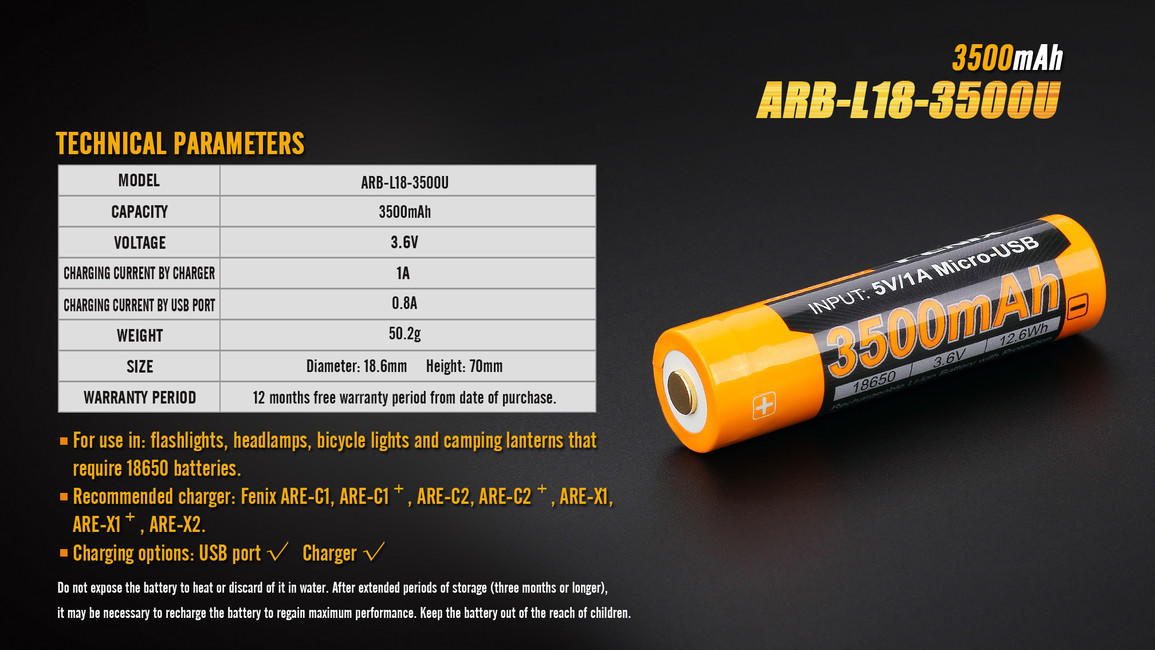 Fenix Μπαταρία Λιθίου USB 18650 Li-ion 3500 mAh