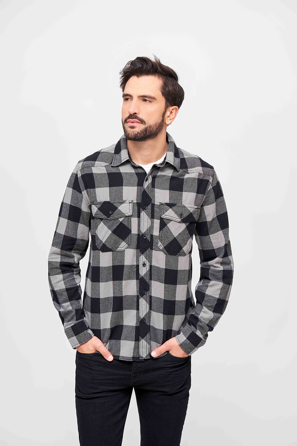 Brandit Check košeľa s dlhými rukávmi, čierna+charcoal