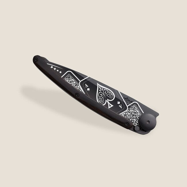 Deejo Black tattoo biker αναδιπλούμενο μαχαίρι ebony wood Good Luck