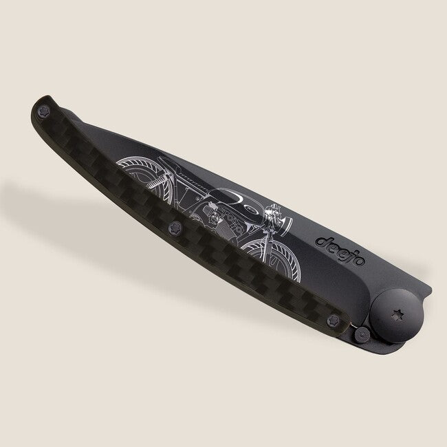 Deejo Tattoo Μαχαίρι Διπλής Δράσης Black Carbon Fiber Café Racer