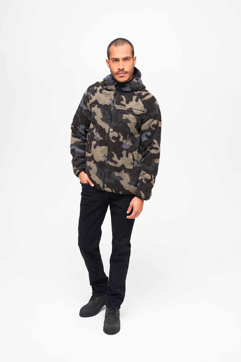 Brandit Worker bunda flísová s kapucňou Teddyfleece, darkcamo