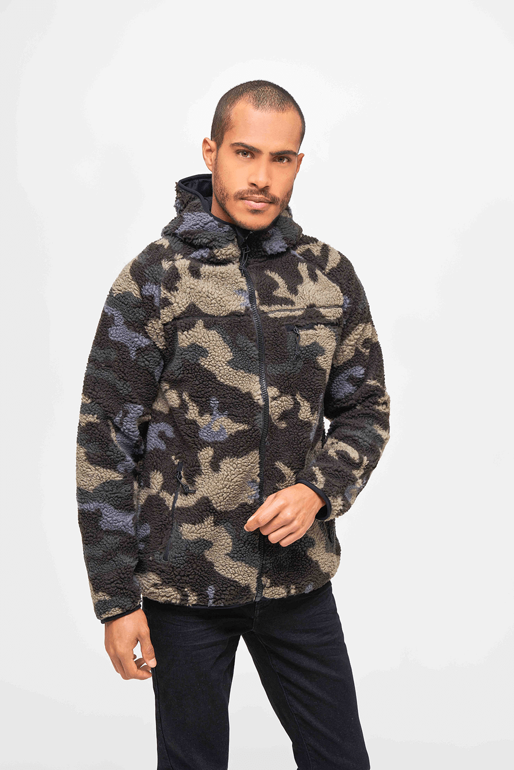 Brandit Worker bunda flísová s kapucňou Teddyfleece, darkcamo