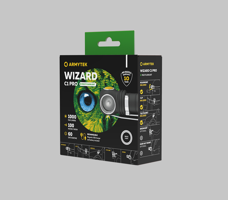 ArmyTek Wizard C1 Pro LED Φακός Κεφαλής με Μαγνητική Βάση και Τροφοδοσία από Μπαταρία Magnet White, 1000 lm, 1440 h, 55 g