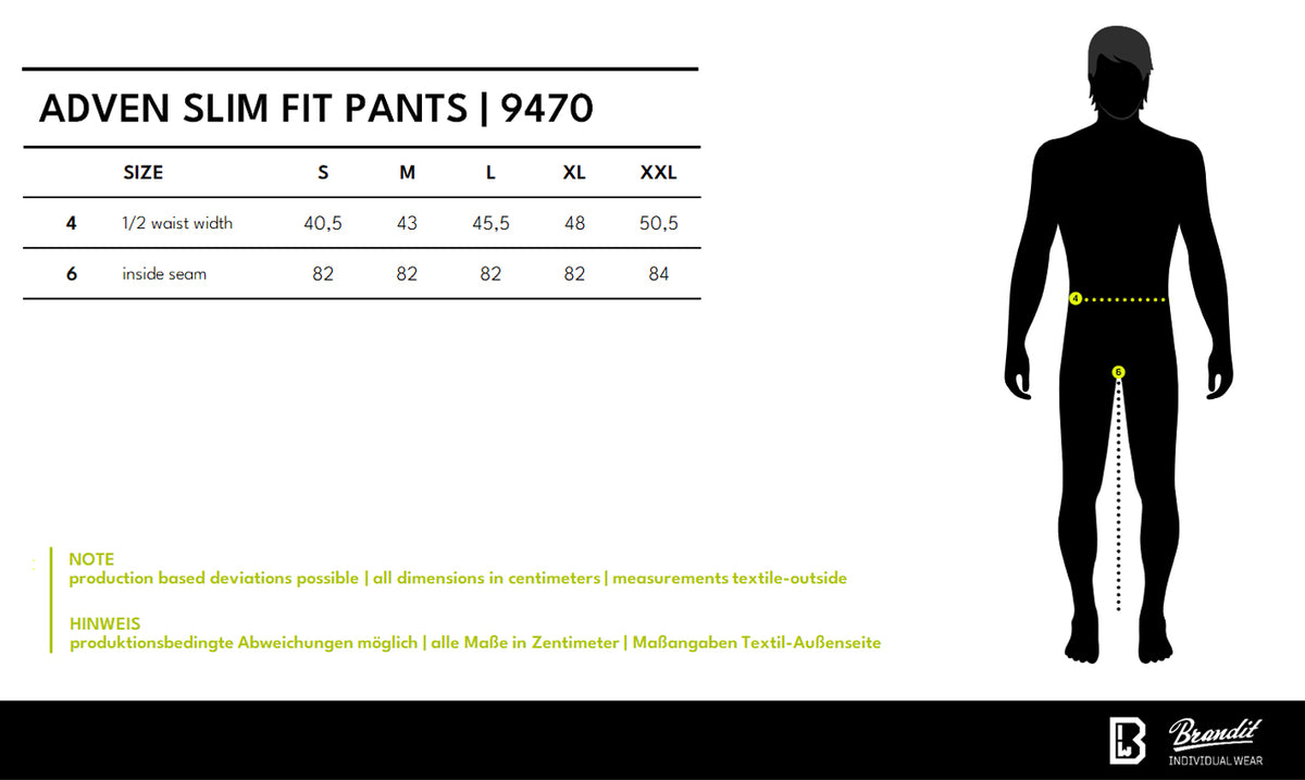 Veľkostná tabuľka Adven Slim Fit Pants