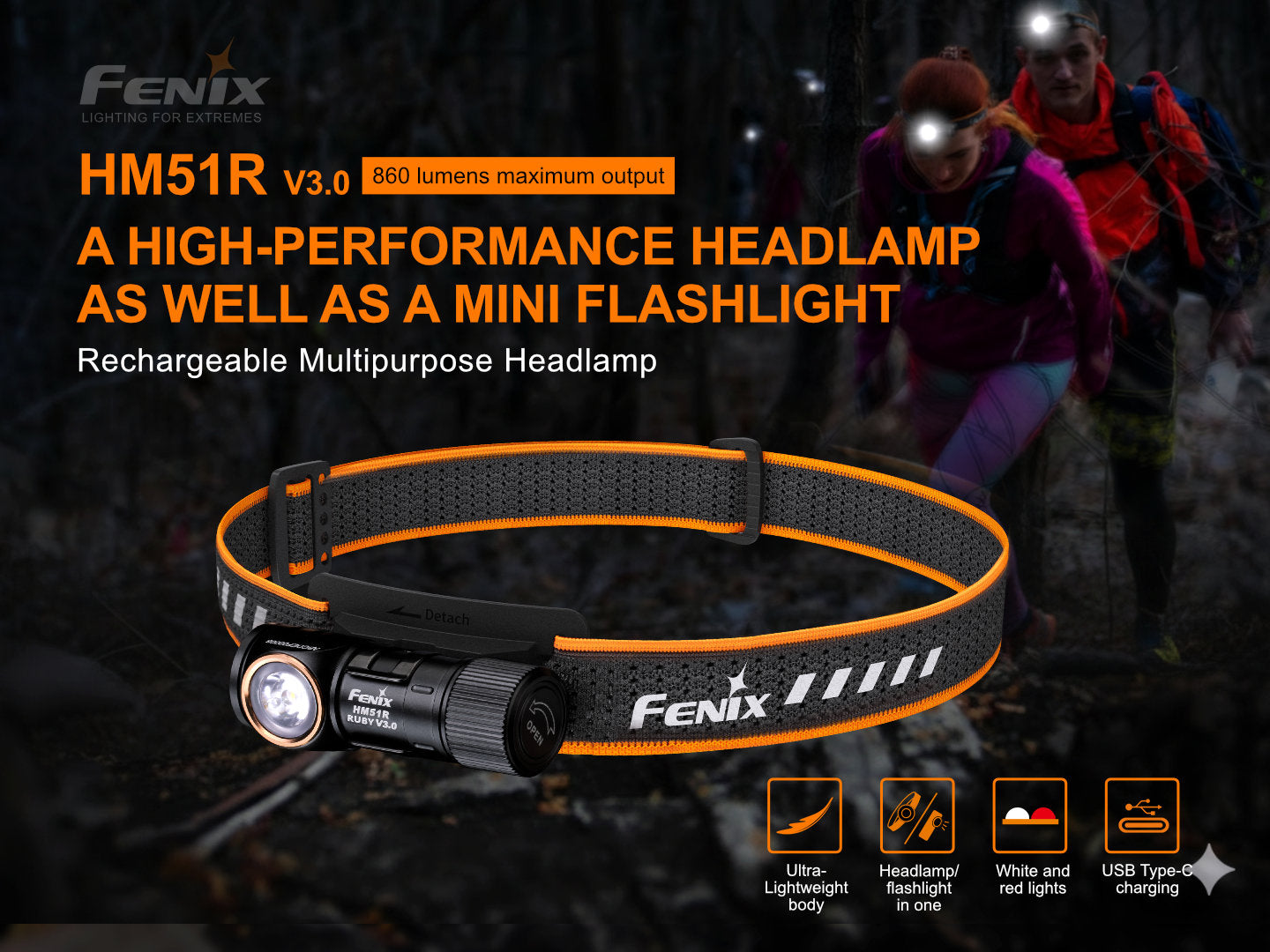 Fenix HM51R Ruby V3.0 nabíjateľná čelovka, celočierna