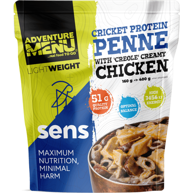 Adventure menu SENS Ζυμαρικά Penne με Πρωτεΐνη Κρίκετ και Κοτόπουλο σε Κρεολική Κρεμώδη Σάλτσα, 400g