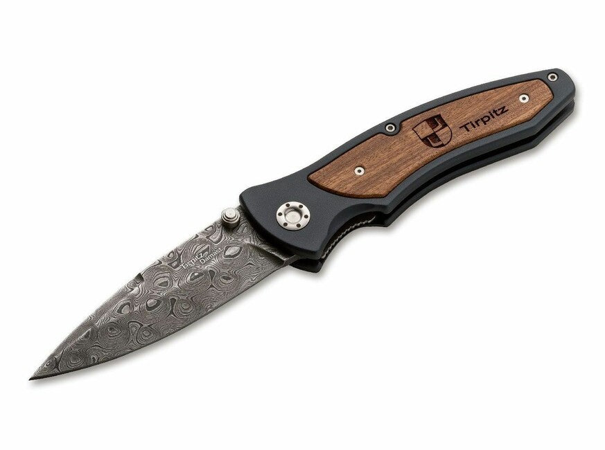 BÖKER® Tirpitz-Damascus Τσέπης Μαχαίρι 9,9 cm, Δαμασκηνό, Αλουμίνιο, Καρυδιά