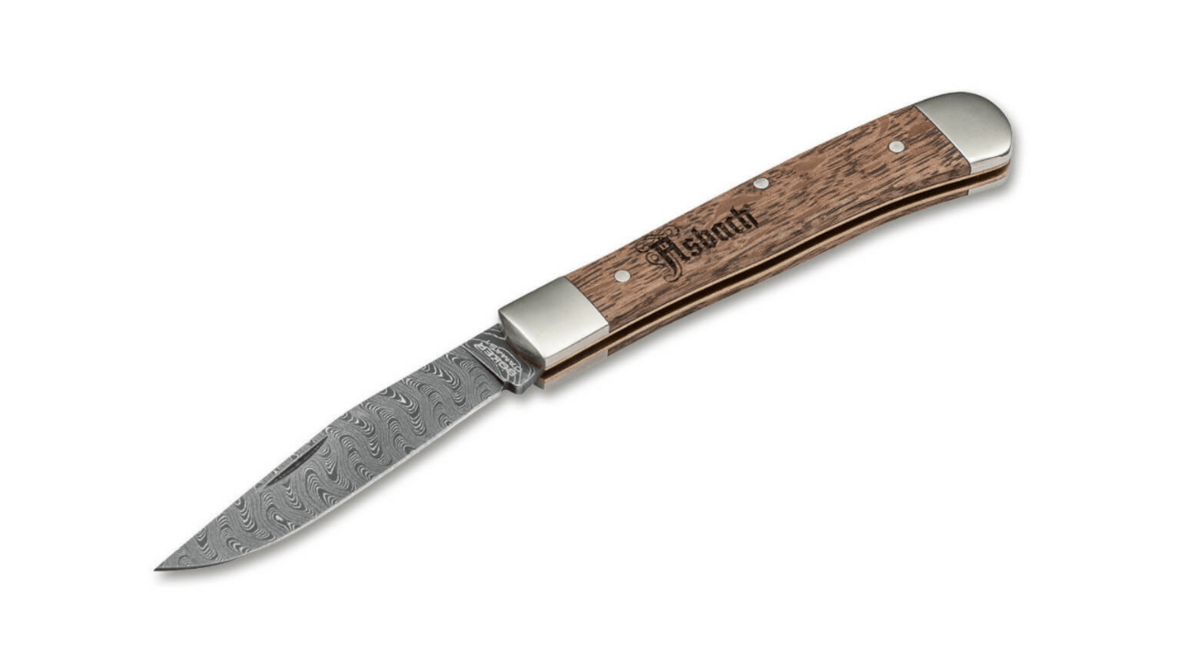 Böker Trapper Asbach Uralt Μαχαίρι Δαμασκηνό με Θήκη, 8,5 cm, Καφέ