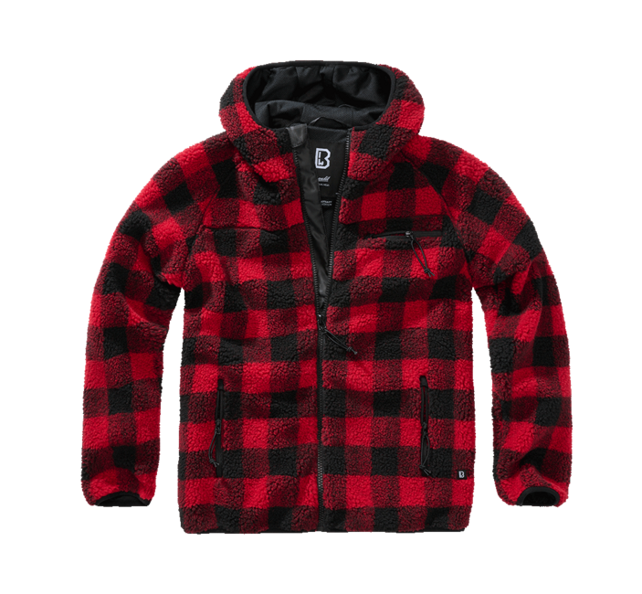 Brandit Worker Μπουφάν Fleece με Κουκούλα Teddyfleece, Κόκκινο/Μαύρο