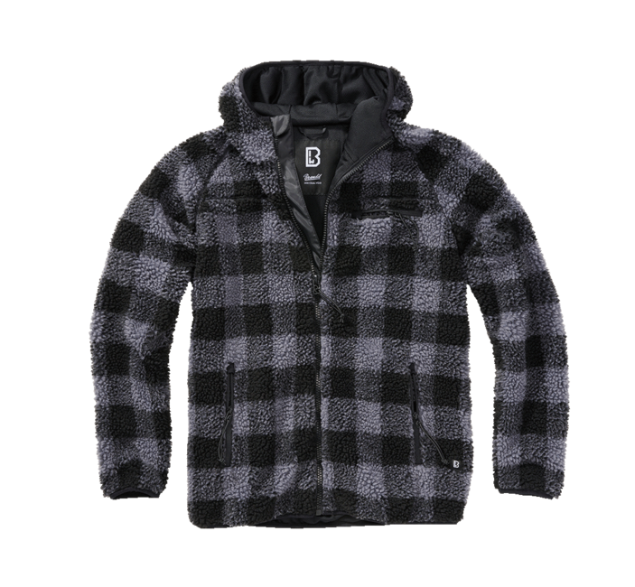 Brandit Worker Μπουφάν Fleece με Κουκούλα Teddyfleece, Μαύρο/Γκρι