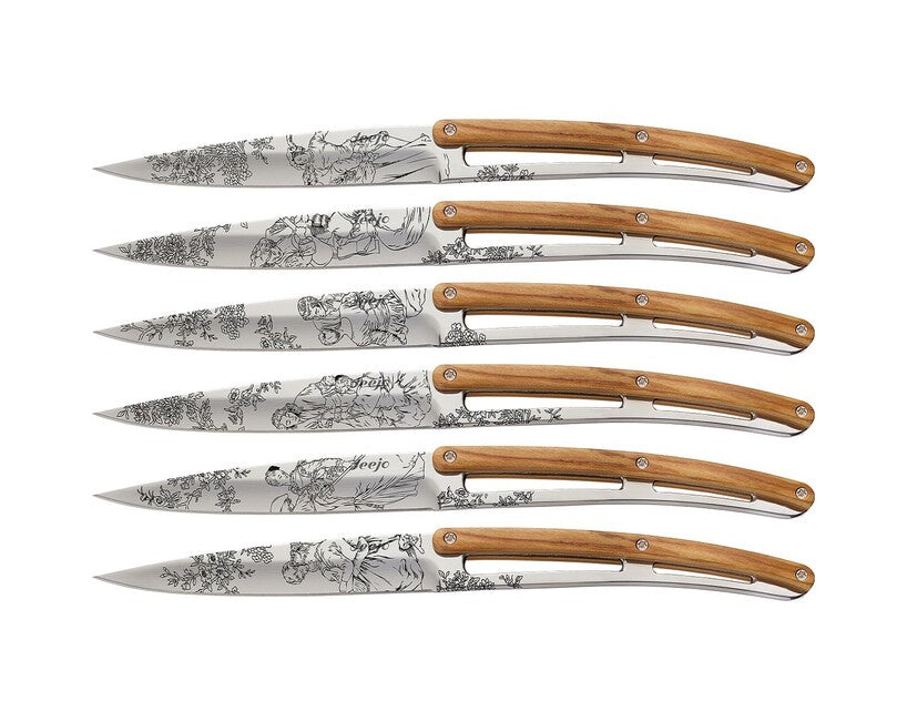 Deejo Tattoo Σετ 6 Μαχαιριών Steakhouse Toile de Jouy, Λαμπερή Επιφάνεια, Ξύλο Ελιάς