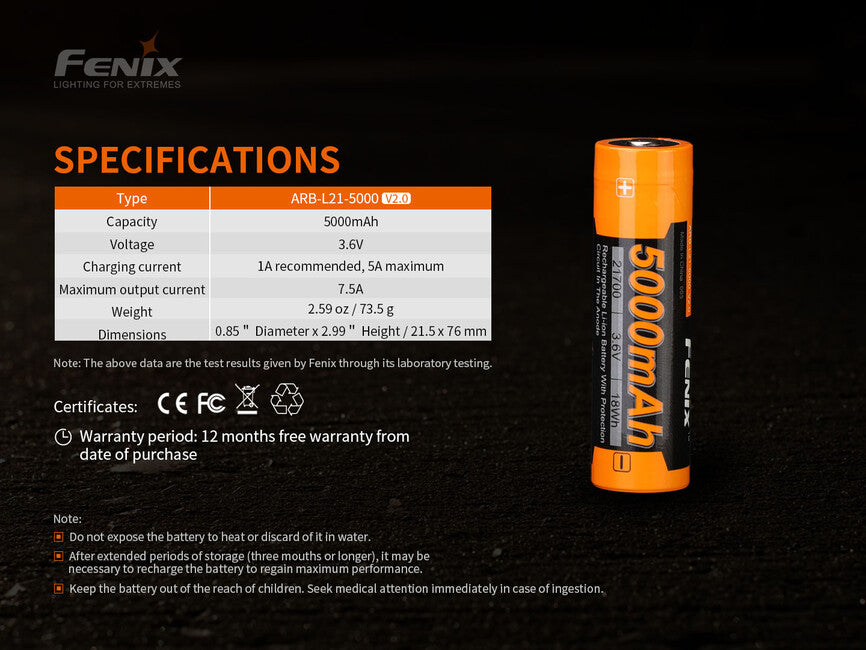 Fenix 21700 Επαναφορτιζόμενη Μπαταρία Li-Ion 5000 mAh