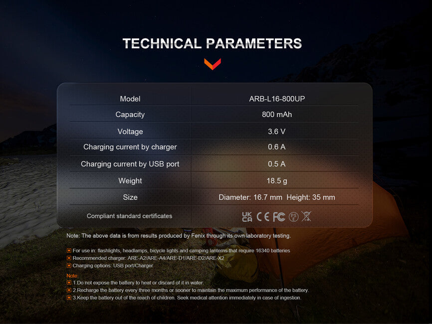 Fenix RCR123A επαναφορτιζόμενη μπαταρία USB-C Li-ion, 800 mAh