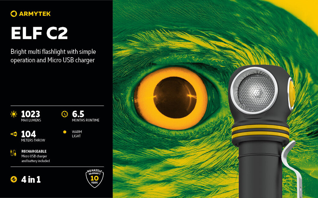 Armytek Elf C2 Micro USB Headlamp, Warm White, Battery Powered, 1023 lm