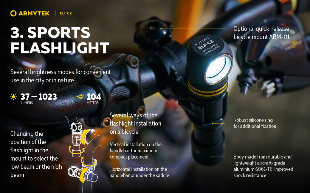 Armytek Elf C2 Micro USB Headlamp, Warm White, Battery Powered, 1023 lm